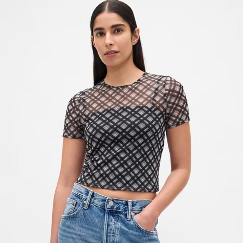 GAP Black and White Bias Plaid Mesh Crop T-Shirt - NWT - Size Medium